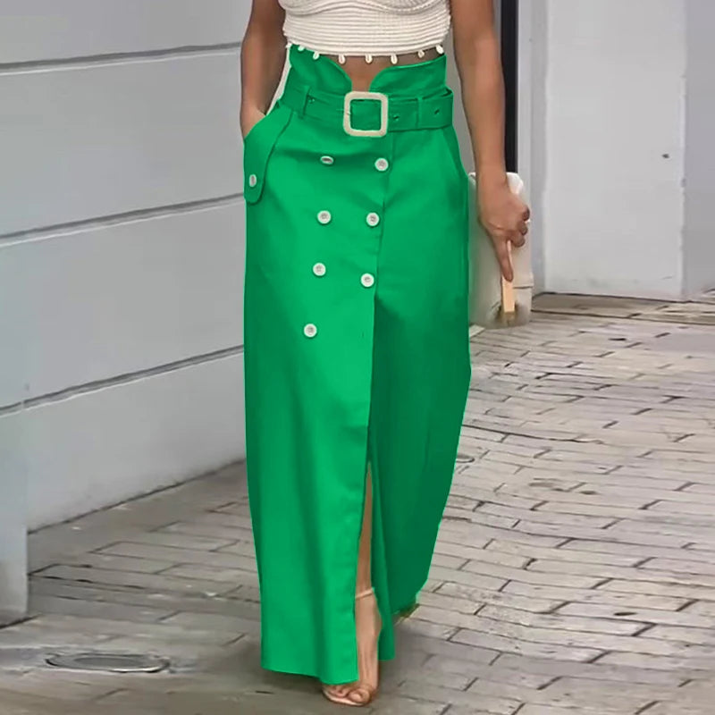 VONDA femmes jupes 2025 décontracté ceinture bouton conception fente longues jupes élégant couleur unie bureau dame bas surdimensionné