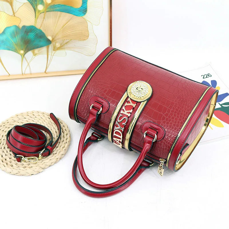 Sac à bandoulière classique rétro pour femmes, sac à main Boston Crocodile en relief, décoration de lettres, sac à poignée supérieure de haute qualité