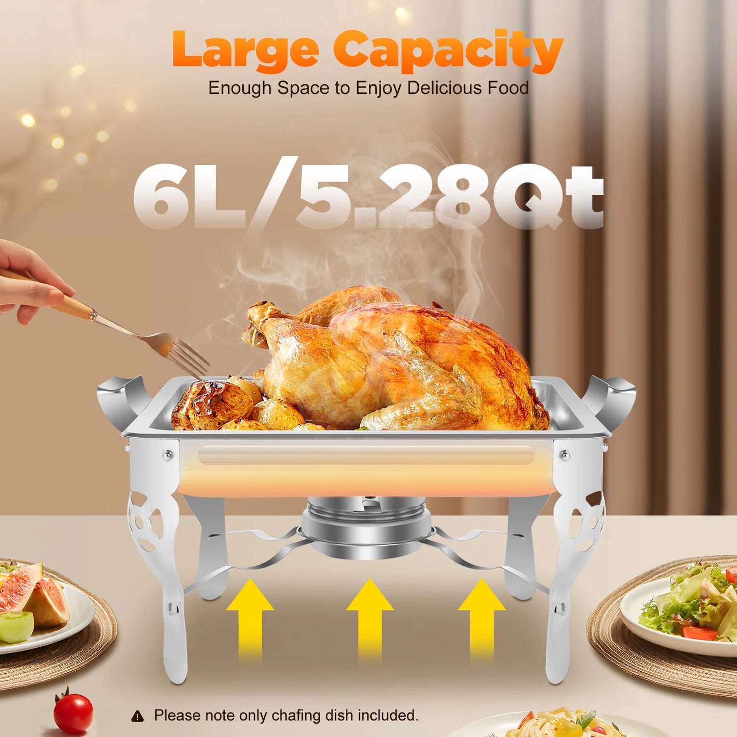 Réchaud/couvercle en acier inoxydable 6L, récipient chauffant pour Catering, Buffet de fête, poêle carré en libre-Service