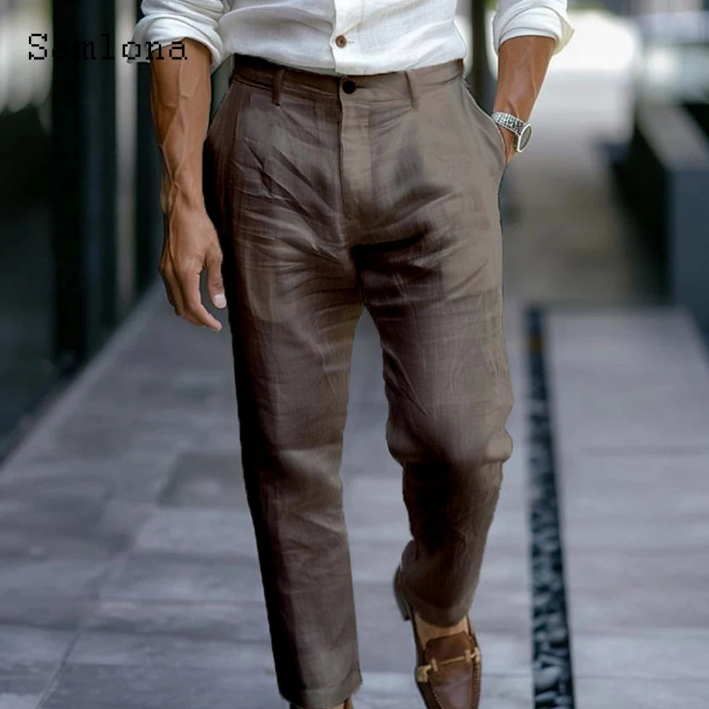 Pantalon en coton et lin pour hommes, grande taille, poches sur pied, couleur unie, blanc, longueur cheville, Style occidental, décontracté, plage, nouvelle collection 2025