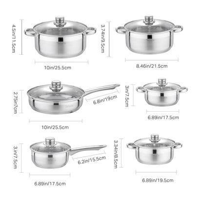 Velaze – ensemble d'ustensiles de cuisine, ensemble de 12 pièces, casseroles et poêles en acier inoxydable, sans danger pour l'induction, casserole, Casserole, avec couvercle en verre