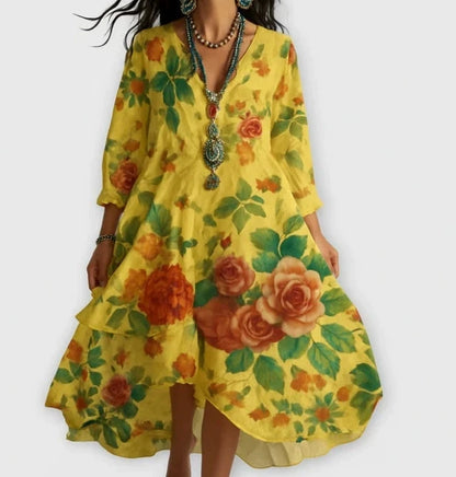 Robe décontractée pour femmes, ample, rétro, imprimé, manches 7-quarts, mode printemps-automne, élégante, bord de mer, vacances, 2025