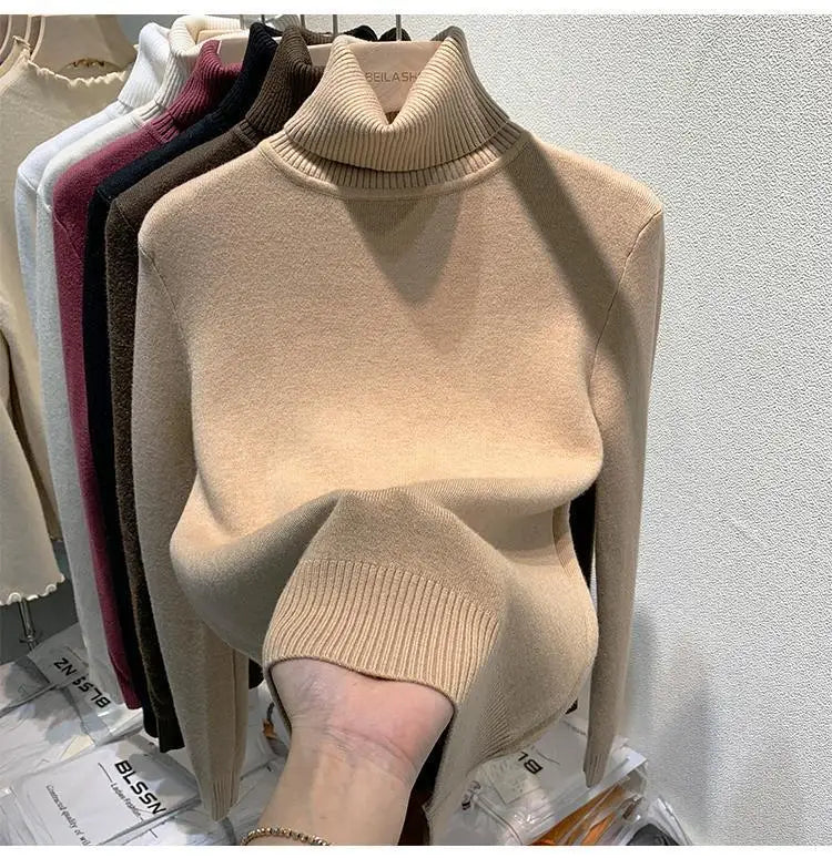 Pull épais à col haut pour femme, haut d'hiver chaud et doux, couleur unie, vêtements intérieurs, chemise à bascule, nouvelle collection 2025
