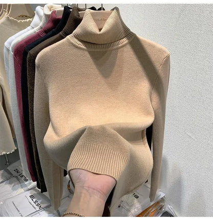 Pull épais à col haut pour femme, haut d'hiver chaud et doux, couleur unie, vêtements intérieurs, chemise à bascule, nouvelle collection 2025