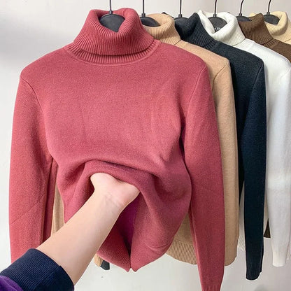 Pull à col rond pour femme, vêtements de printemps et d'hiver, pull chaud tricoté doublé en polaire, hauts à la mode coréenne, tricot féminin