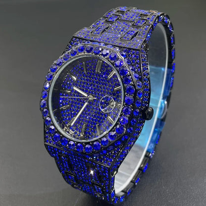 2024 Hip Hop hommes montres à quartz MISSFOX automatique Date glacé montre-bracelet mode bleu diamant bijoux montre pour homme livraison gratuite