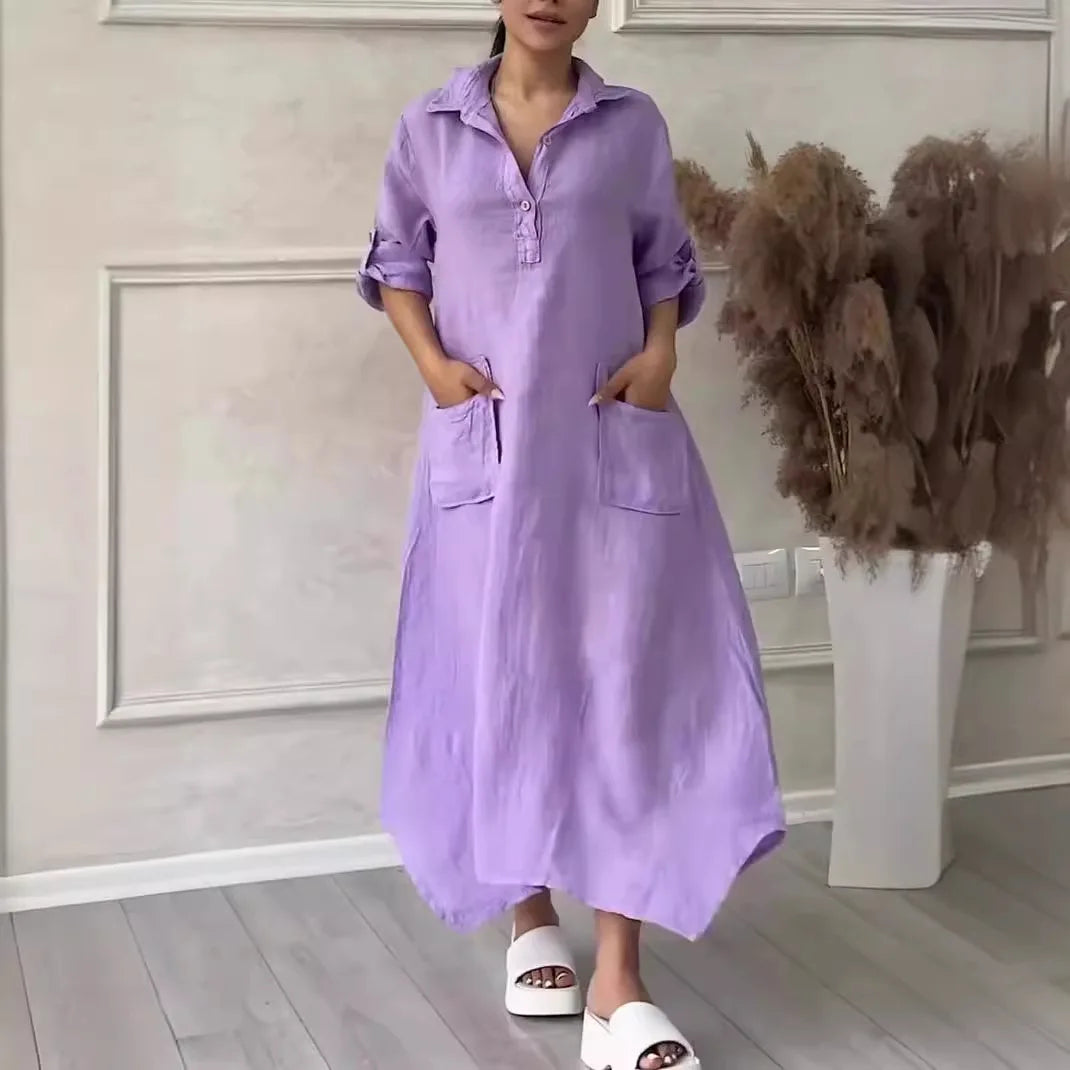 Robe longue en lin à manches longues pour femmes, robe maxi blanche avec poches, élégante, mode décontractée, été, 2024