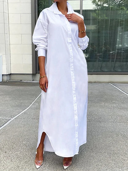 Robe chemise boutonnée à revers pour femmes, robe longue monochrome, streetwear décontracté pour dames, chemise à manches longues pour documents, automne