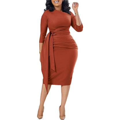 Robes moulantes à lacets élégantes pour femmes, manches trois quarts, bureau, fête, mode, plis, Bandage, robe africaine