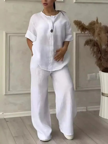 Ensemble deux pièces en coton et lin pour femmes, confortable, ample, haut, pantalon à jambes larges, décontracté, à la mode, costumes, tenues de printemps et d'été