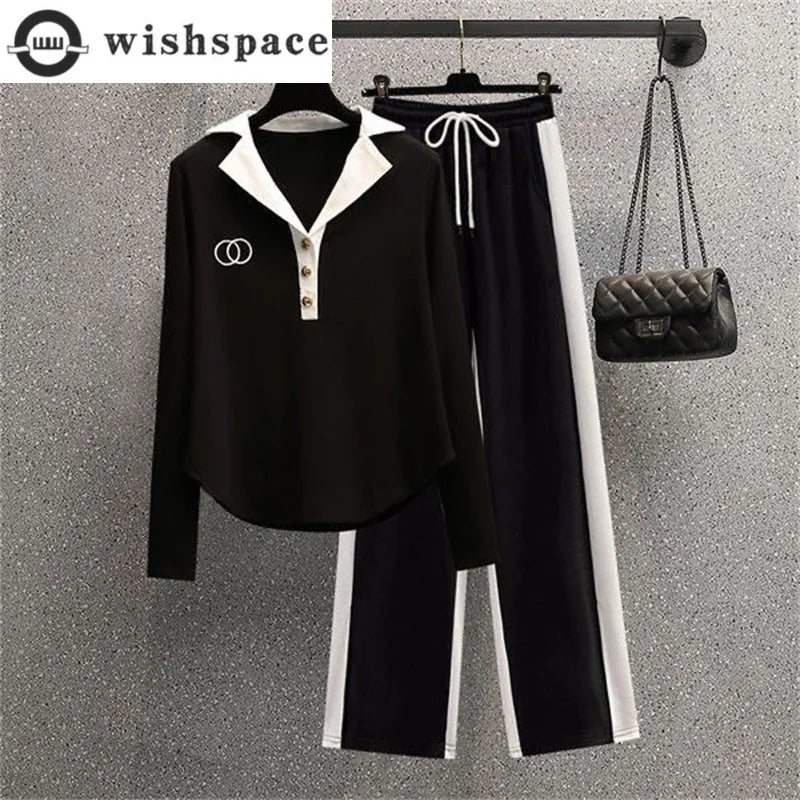 Ensemble deux pièces pour femmes, chemise à manches longues et col Polo, décontracté, Patchwork, jambes larges, nouvelle collection automne 2024