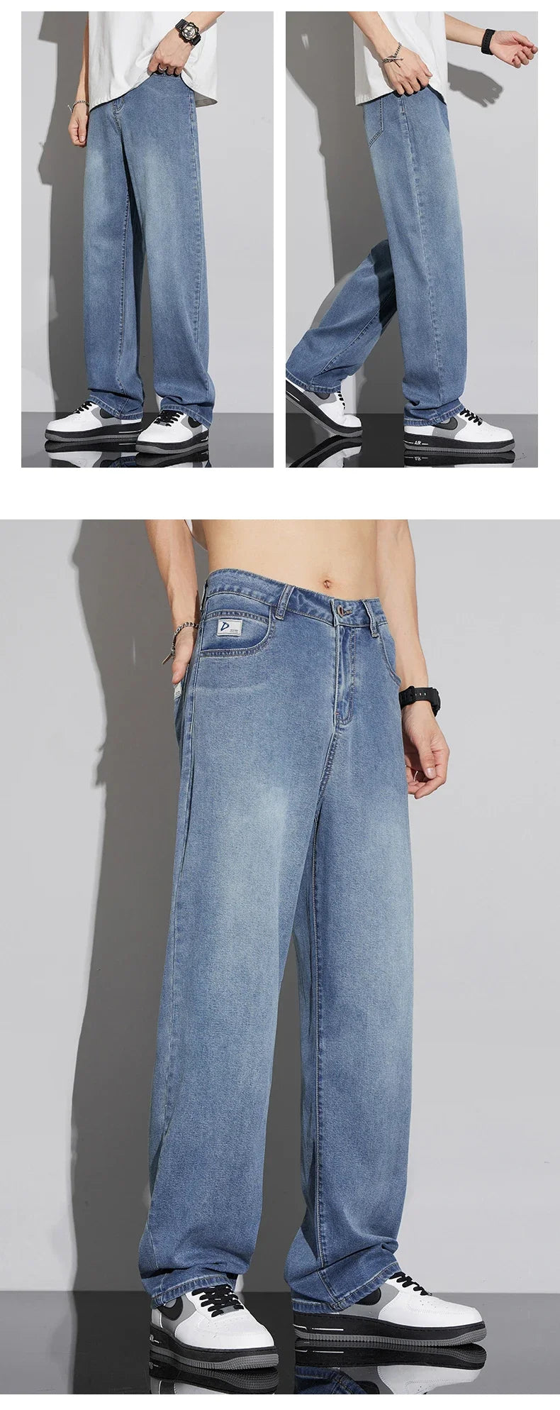 Jean Baggy d'été pour hommes, Baggy, drapé doux, ample, confortable, jambes larges, pantalon en soie glacée, rétro, élastique, décontracté, Denim