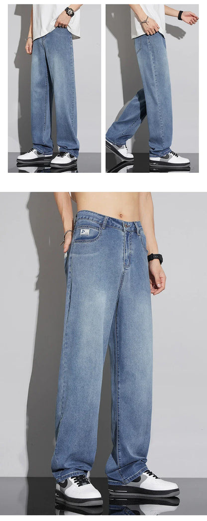 Jean Baggy d'été pour hommes, Baggy, drapé doux, ample, confortable, jambes larges, pantalon en soie glacée, rétro, élastique, décontracté, Denim