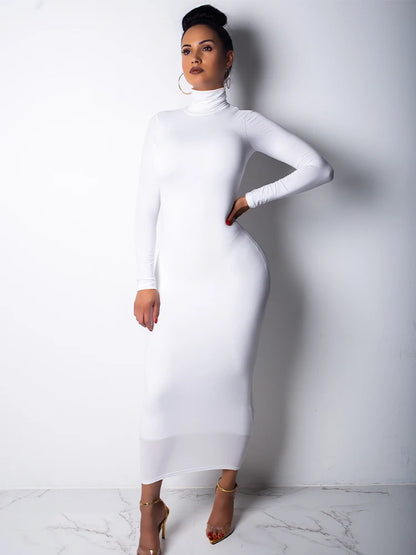 Nouveau Hiver Longuette à manches longues Force élastique mince col haut mince robe longue