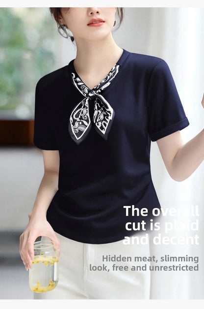 T-Shirt à manches courtes et col en V pour femme, écharpe structurée, épaules froncées, cravate à la taille, amincissante, nouvelle collection 2025