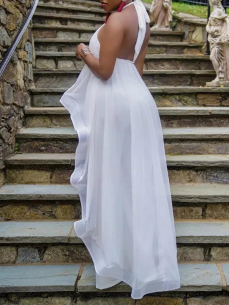 Ensemble 2 pièces en mousseline de soie pour femme, blouse longue, dos nu, pantalon blanc, jambes larges, fête, vacances, plage, été