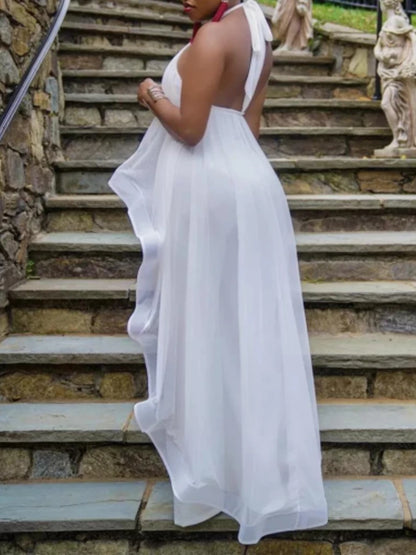 Ensemble 2 pièces en mousseline de soie pour femme, blouse longue, dos nu, pantalon blanc, jambes larges, fête, vacances, plage, été