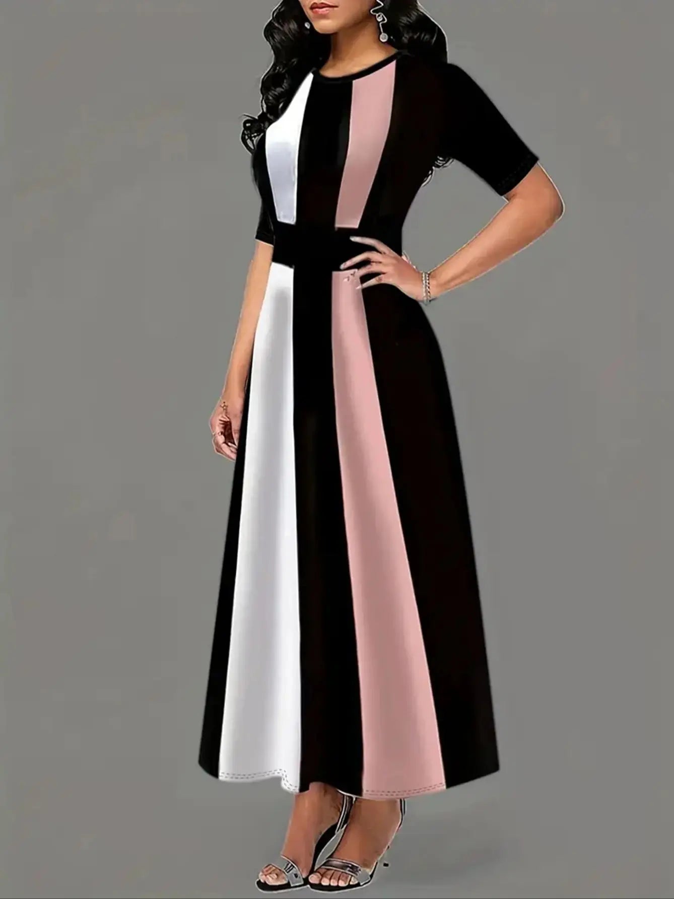 Robe à col rond bloc de couleurs, robe Vintage à manches courtes pour le printemps et l'été, vêtements pour femmes