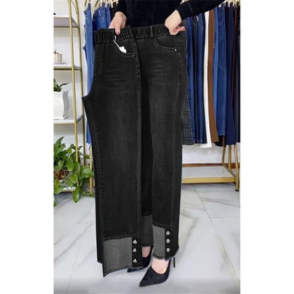 Jean femme d'âge moyen printemps automne taille extensible pantalon en Denim droit grande taille ample taille haute décontractée noir bleu pantalon