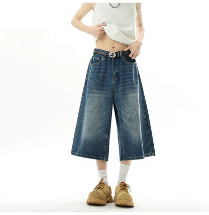 Short en Denim Baggy pour hommes, mode rétro décontractée, ample, jambes larges, longueur mollet, Streetwear Y2K, Style coréen