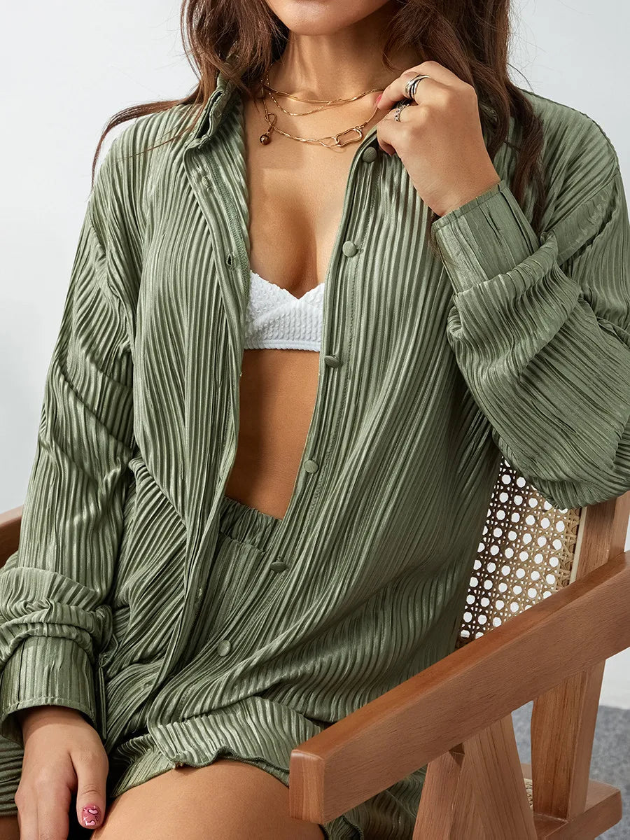 Ensemble de vêtements décontractés pour femmes, chemise froncée à manches longues, boutonnée et short, 2 pièces