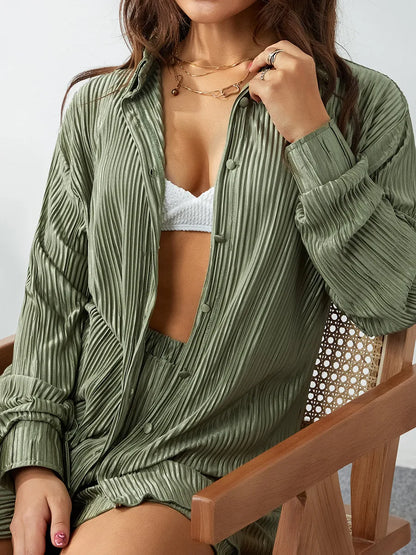 Ensemble de vêtements décontractés pour femmes, chemise froncée à manches longues, boutonnée et short, 2 pièces