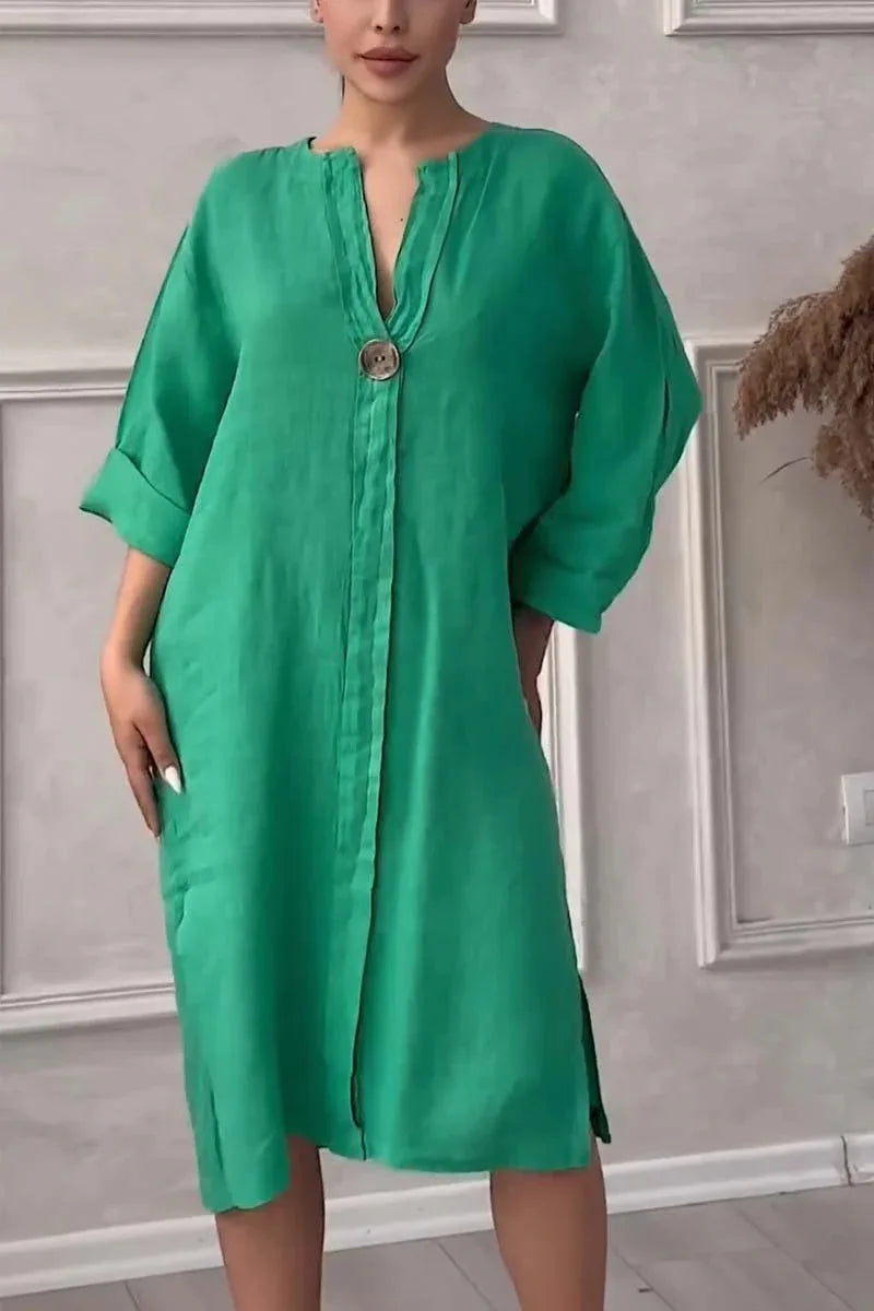 BS - Robe d'été élégante en coton et lin pour femmes, col rond, manches longues, boutons, couleur unie, ample, décontractée, fente latérale, Simple