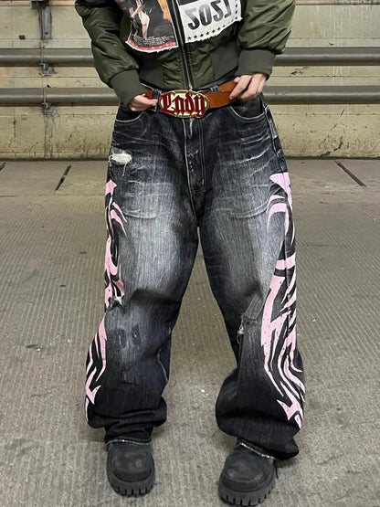 Jean baggy taille haute pour femme, jean droit, mode décontractée, imprimé hip hop, gothique, rue américaine, rétro, lavé, Y2K