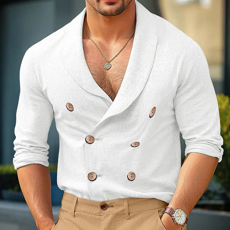 Chemises à col en V pour hommes, manches longues, double boutonnage, coupe couvertes, solide, document décontracté, mode confortable, automne