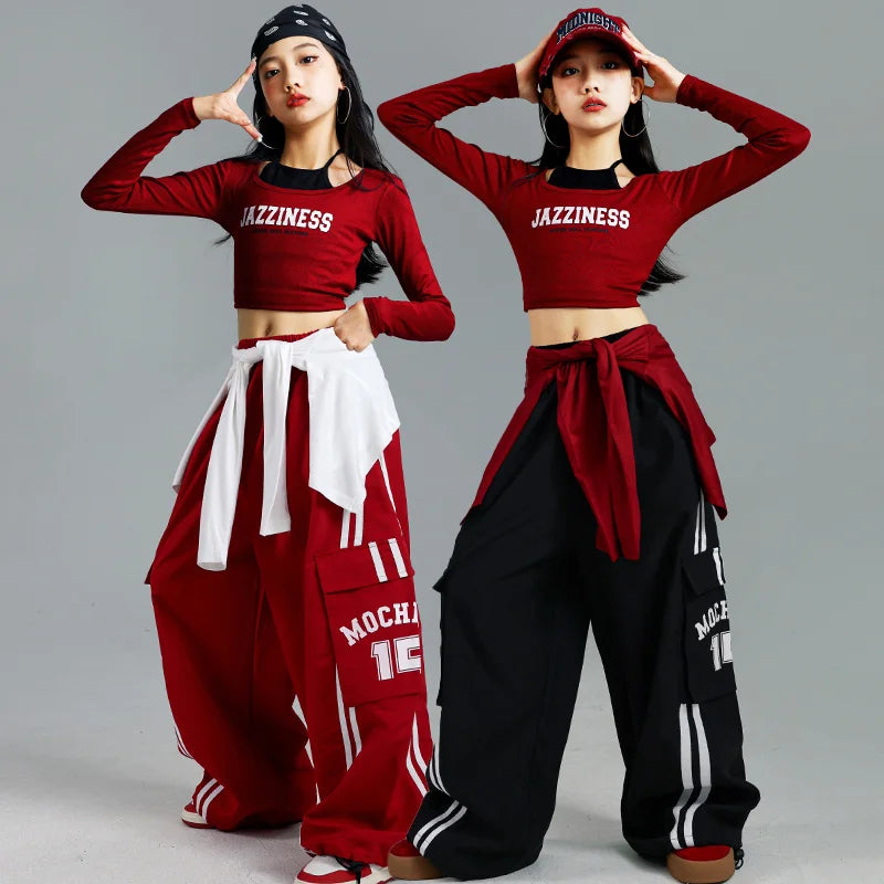 Ensemble T-shirt et pantalon à manches longues pour enfants, mode Hip Hop y2k, Costume de spectacle pour filles, tenue de scène, Costume de danse pour enfants, vêtements de rue