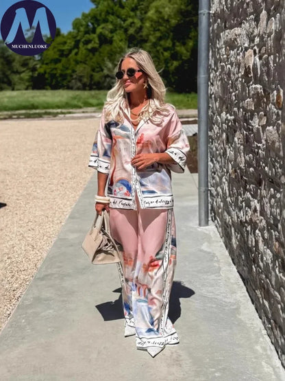 2 pièces ensemble pour femme été nouveau élégant imprimé demi manches chemise hauts costumes à la mode décontracté ample jambe large pantalons ensembles