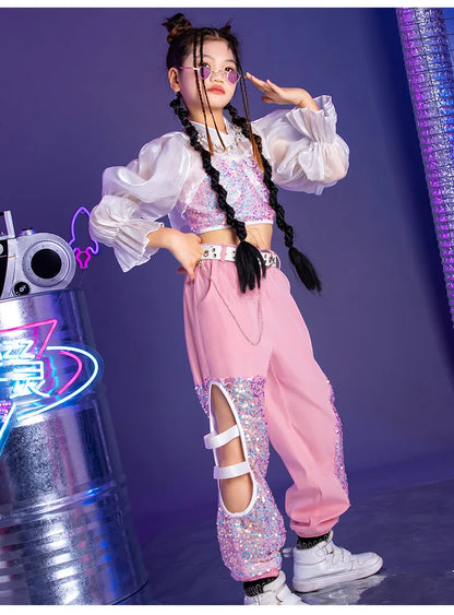 K-PoP-Ensemble de olympiques de danse jazz pour enfants, vêtements à paillettes, défilé de mode pour filles, tenues pour enfants, hip hop, hip hop