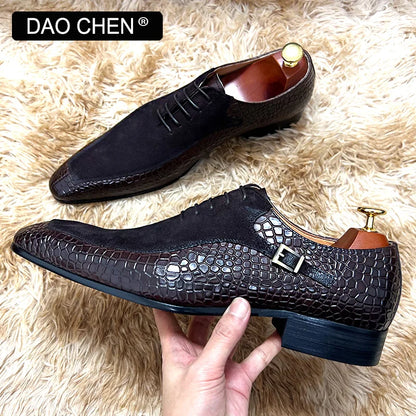 Hommes de luxe Oxford chaussures à lacets bout fendu noir marron hommes chaussures habillées daim Patchwork Crocodile imprime chaussures en cuir hommes