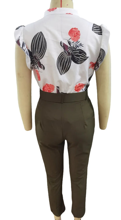 Ensemble deux pièces pour femmes, imprimé floral, manches feuille de Lotus, pantalon taille haute, ceinture, col en v, costume de travail, été