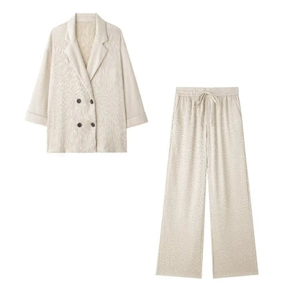 TRAFZA 2025 femmes pantalons décontractés ensemble taille haute pantalon à jambes larges + solide Beige ample glace soie Double boutonnage chemise hauts 2025 à la mode