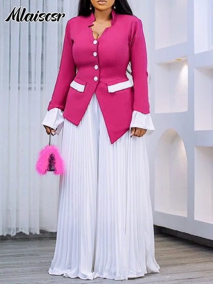 Mlaiscsr manches évasées bouton Blazer chemise hauts et pantalons à jambes larges plissés 2 deux pièces ensembles femmes élégant bureau dames tenues