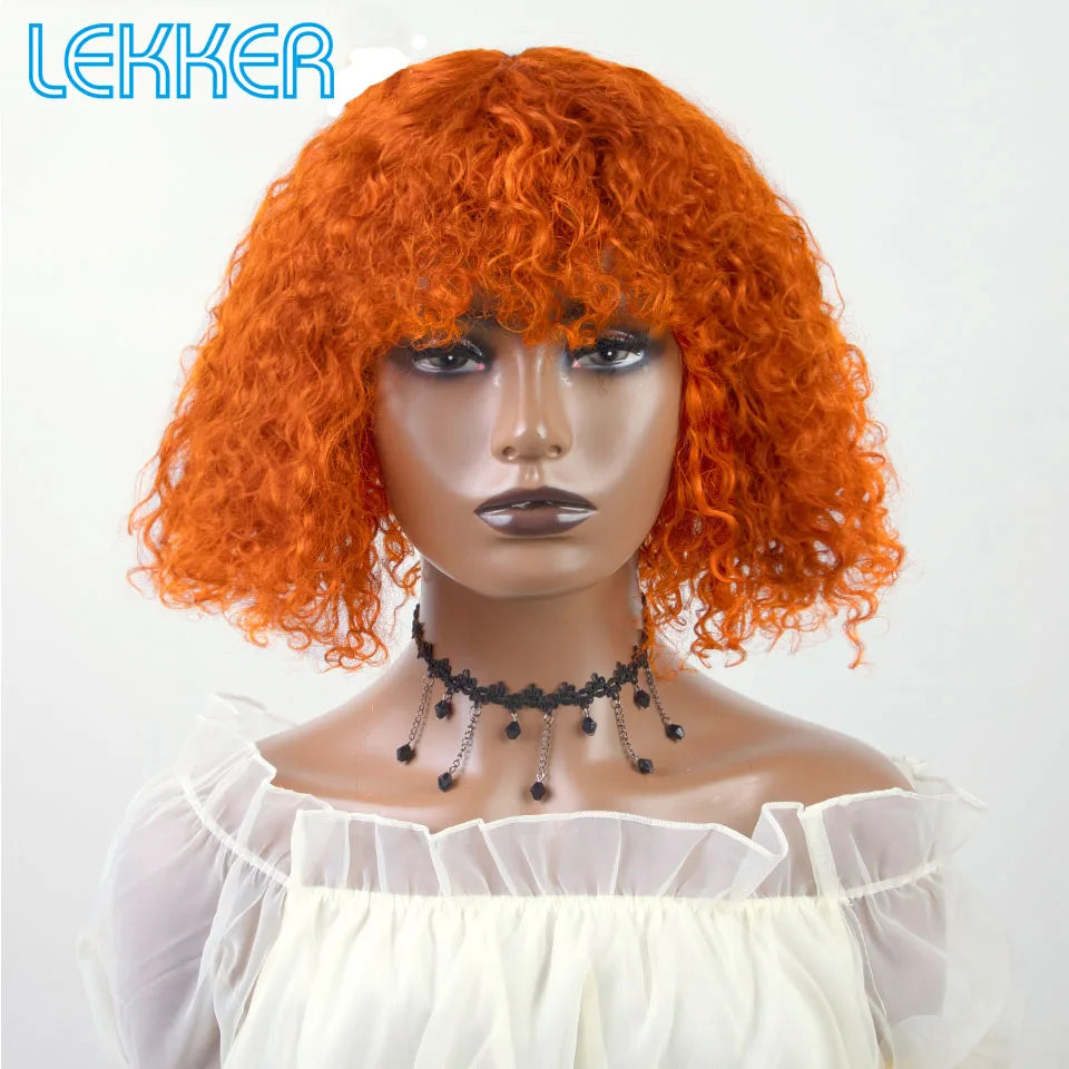 Lekker couleur courte Pixie Afro crépus bouclés Bob 100% perruques de cheveux humains avec frange pour les femmes brésilien Remy cheveux Ombre brun perruques