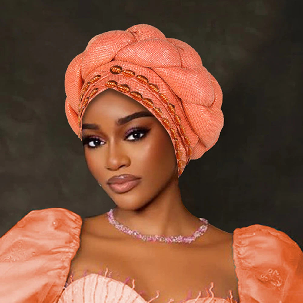 Couvre-chef africain Auto Gele déjà fabriqué, Turban brillant pour femmes, Hijab nigérian tressé, couvre-chef pour fête de mariage