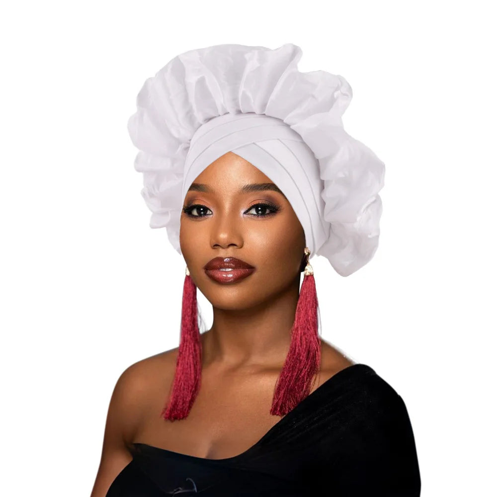 Nouveau bonnet Turban à volants pour femmes, couvre-chef en soie brute africaine, automne, Nigeria, Gele de mariage, bandeau de fête, couvre-chef pour dame