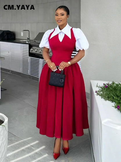 CM.YAYA – robe chemise longue à manches courtes bouffantes pour femmes, douce, Slim, taille haute, froncée, plissée, plage, Streetwear, Maxi, grande balançoire