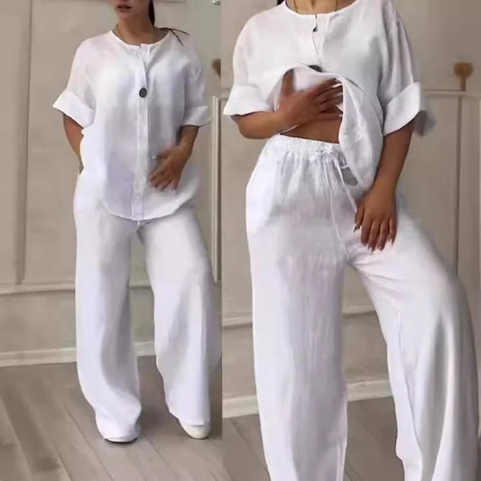 Ensemble deux 2 pièces en coton et lin, chemisier ample décontracté à manches longues et boutons, chemise et pantalon ample à jambes larges et élastiques, costumes NMD-3021