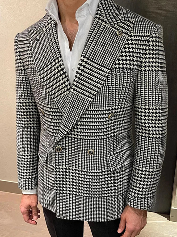 Blazer d'affaires Double boutonnage col pied-de-poule couverture hommes veste formelle tenue de bureau intelligente coupe ajustée manteau de costume sur mesure