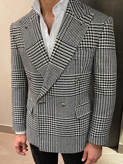 Blazer d'affaires Double boutonnage col pied-de-poule couverture hommes veste formelle tenue de bureau intelligente coupe ajustée manteau de costume sur mesure