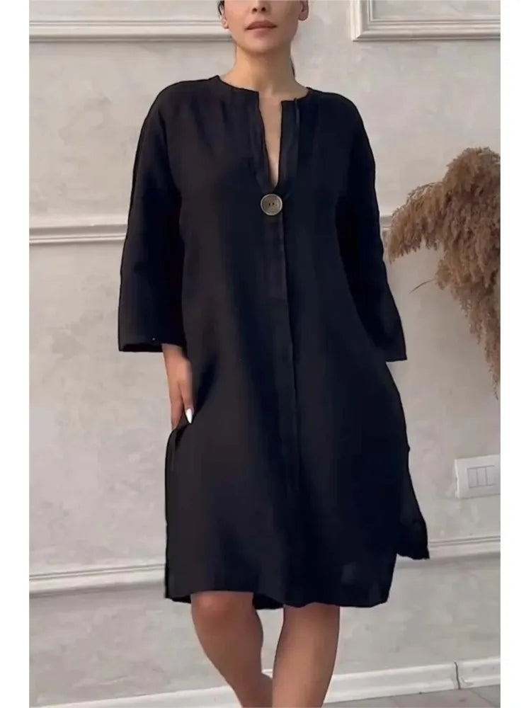 Robe d'été élégante en coton et lin pour femmes, col rond, manches longues, boutons, couleur unie, ample, décontractée, fente latérale, Simple