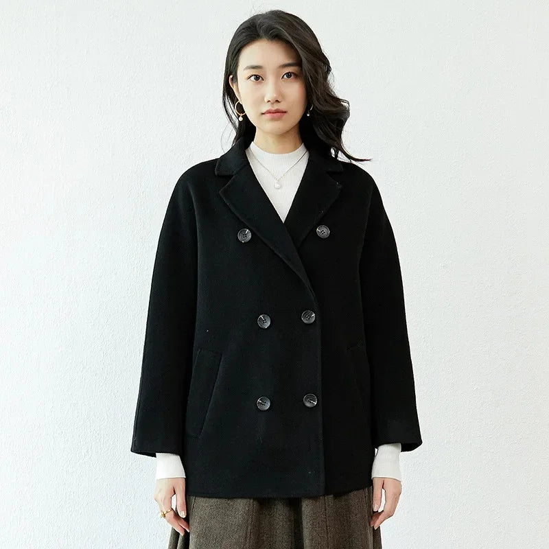 Manteau en laine Double face pour femme, épais, mi-long, col de costume, coupe ample, couleur Pure, polyvalent, nouveau Style automne hiver