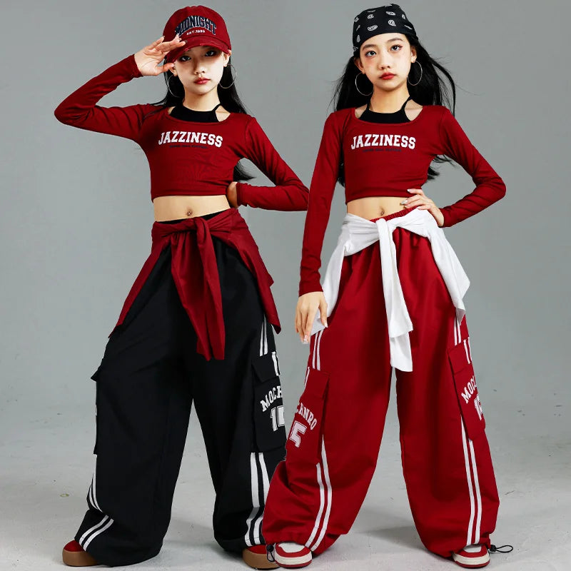 Ensemble T-shirt et pantalon à manches longues pour enfants, mode Hip Hop y2k, Costume de spectacle pour filles, tenue de scène, Costume de danse pour enfants, vêtements de rue