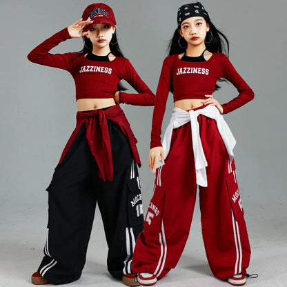 Ensemble T-shirt et pantalon à manches longues pour enfants, mode Hip Hop y2k, Costume de spectacle pour filles, tenue de scène, Costume de danse pour enfants, vêtements de rue