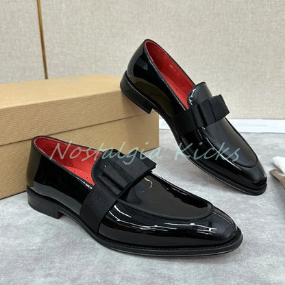 Mocassins à enfiler en cuir verni noir brillant pour hommes, chaussures habillées décontractées avec nœud décoré, chaussures de mariage élégantes pour hommes