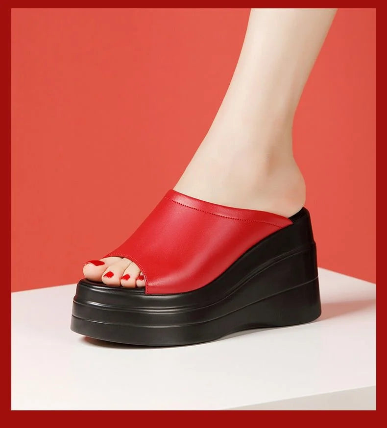 Chaussures confortables à plateforme épaisse de 9.5cm, petite taille 32-43, pantoufles en cuir véritable, talons hauts 2025, diapositives à semelles compensées, modèle de bureau