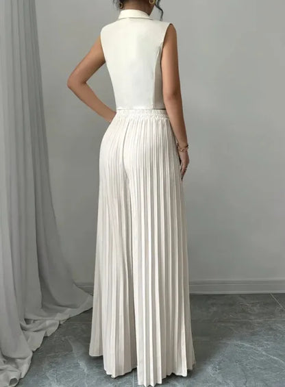 Costume de bureau pour femmes, couleur unie, décontracté, Slim, boutons, ensemble deux pièces, col rabattu, sans manches, Blazer et pantalon plissé, tenues